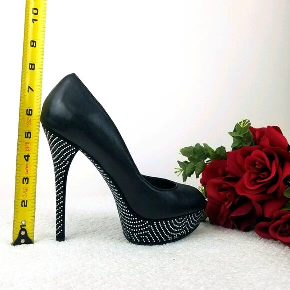 Aldo Platform Stiletto Pumps Size 8.5 Black Leather Rhinestones Peep Almond Toe - Picture 8 of 16
